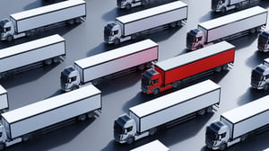 A fleet of white trucks with one red truck standing out