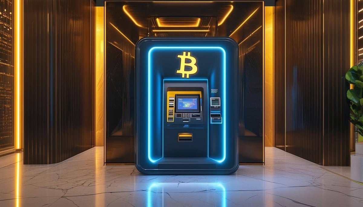 Futuristic Bitcoin ATM in a modern luxury futuristic hall 