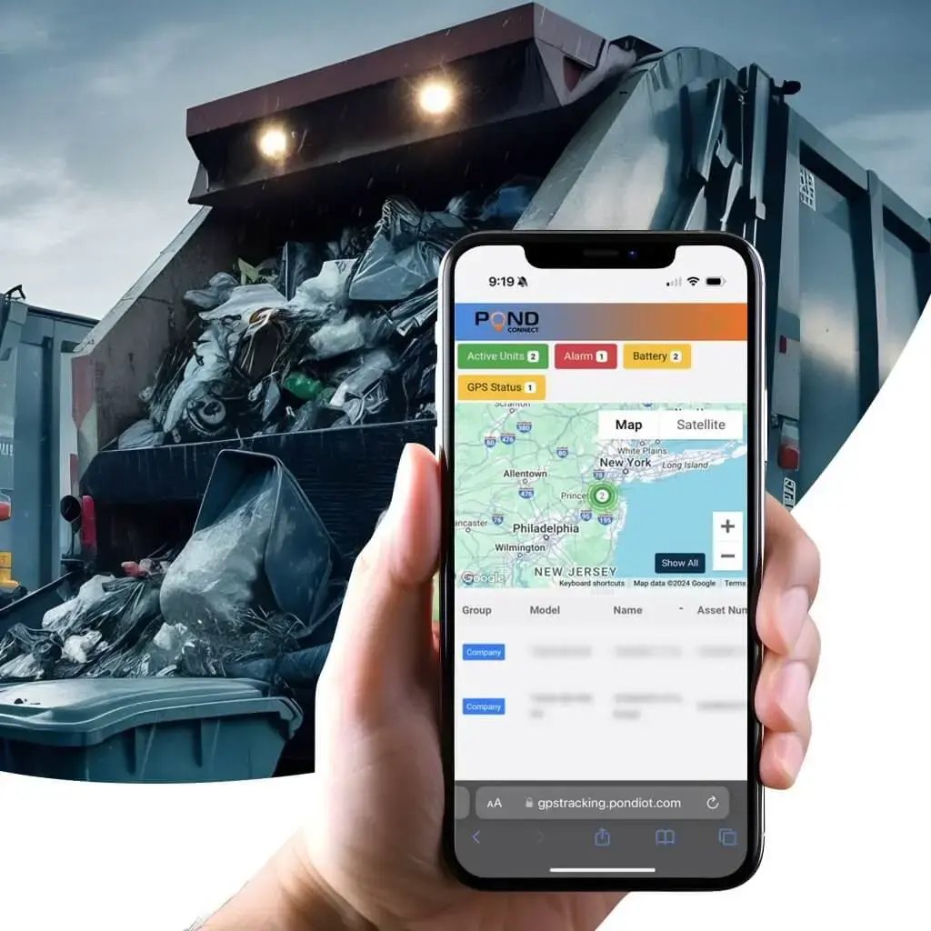 Phone showing POND Connect asset tracking app with a garbage truck in the background