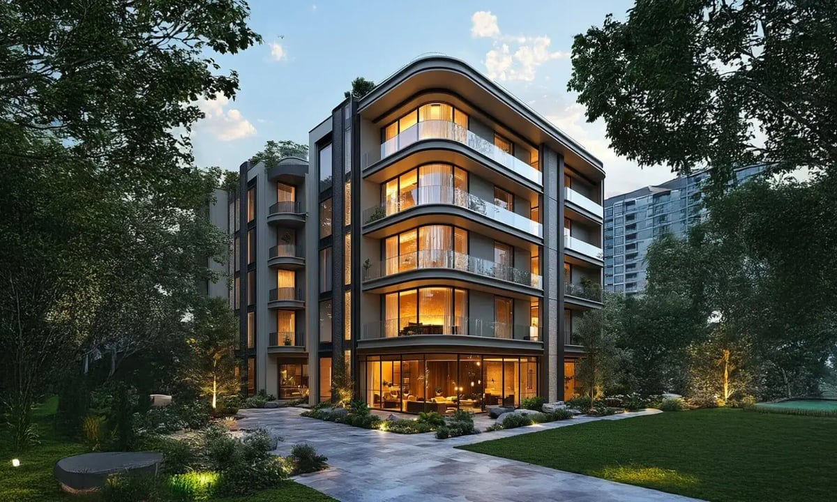 Modern 5-floor apartment building with a garden