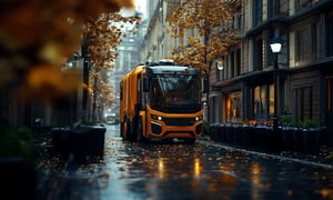 Modern garbage truck in a city center