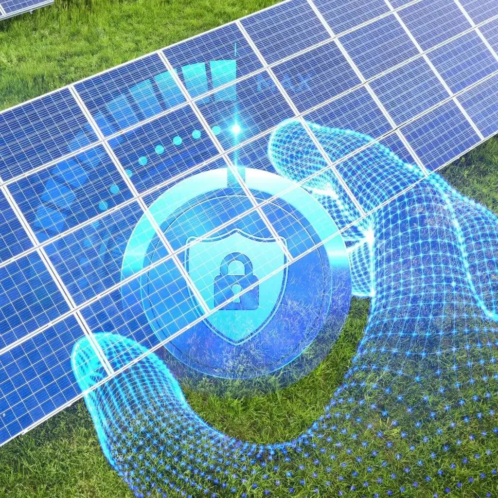 Digital hand with security icon over solar panels, symbolizing data protection