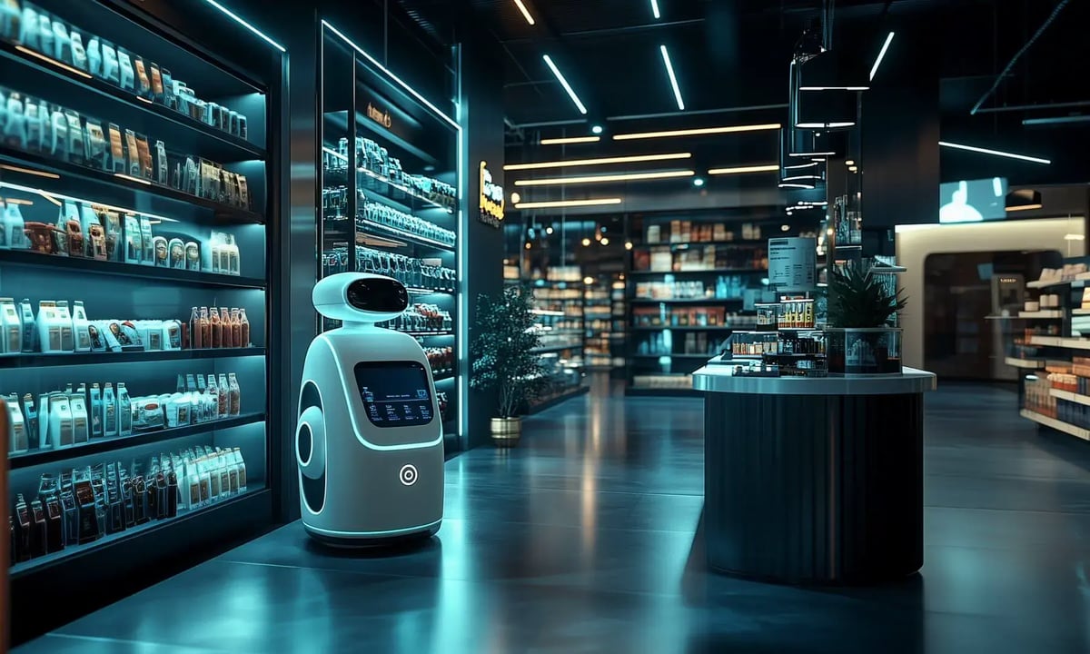 Interior of a futuristic automated store with a robot assistant and illuminated shelves