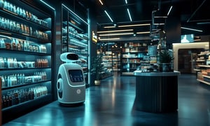 Robot assistant in a futuristic automated store with illuminated shelves