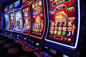 Row of glowing slot machines in a modern casino with colorful neon lights.