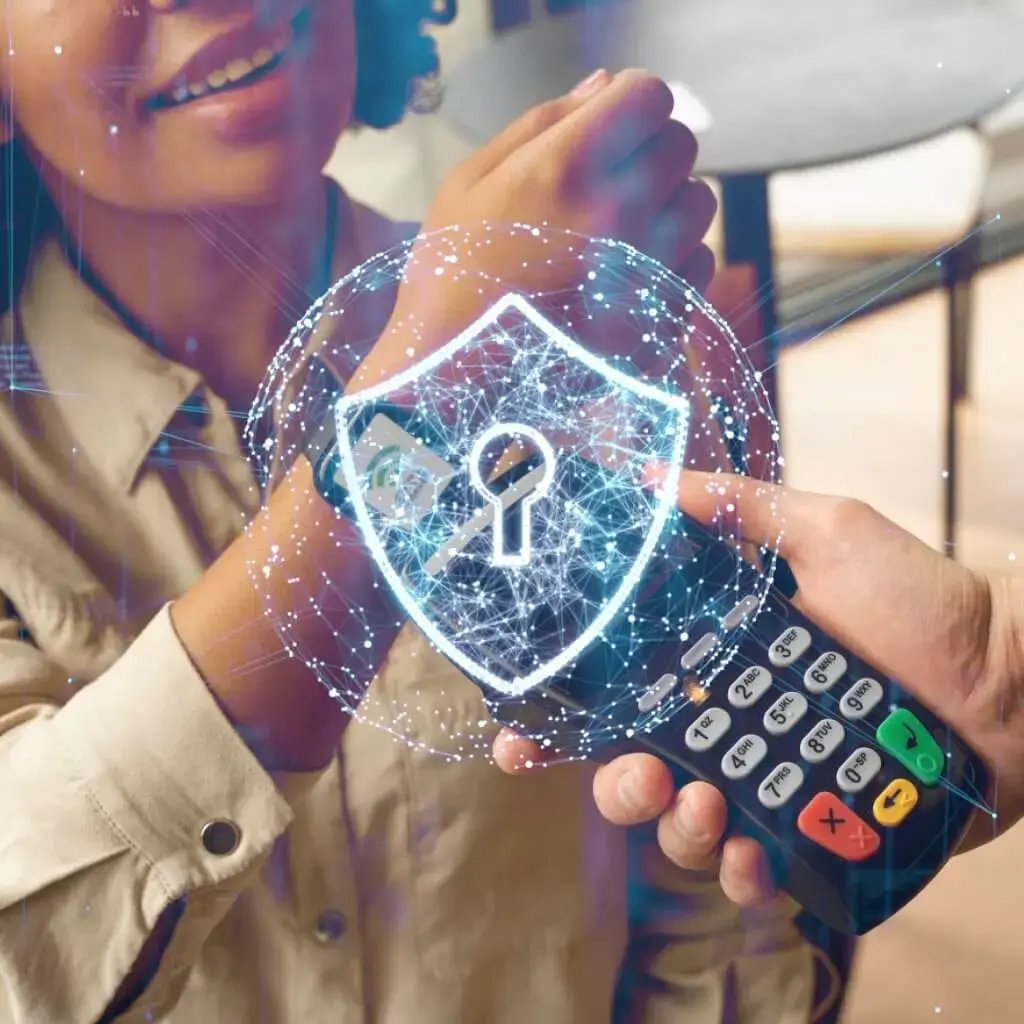 A girl pays with her smartwatch at the POS terminal