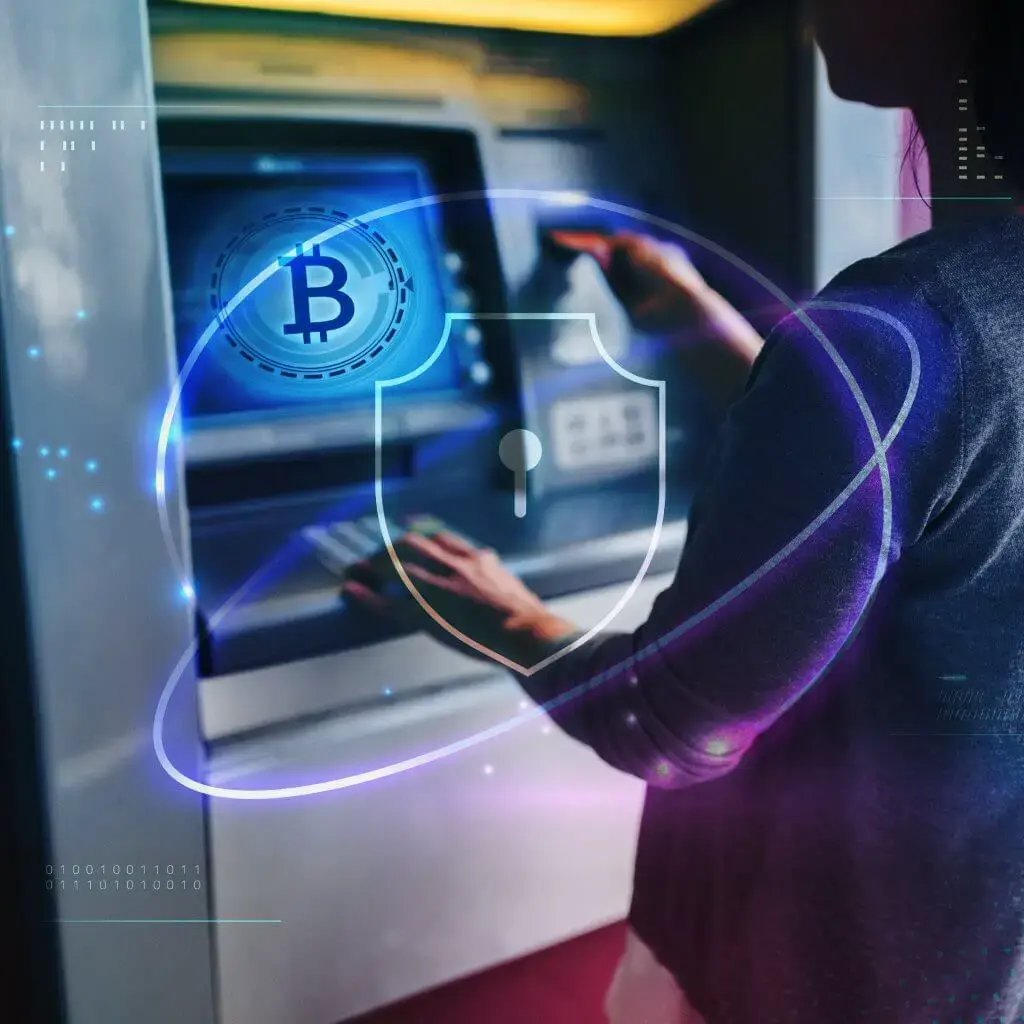 Person using a Bitcoin ATM with security overlay