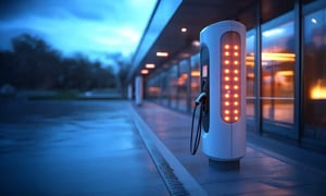 Modern EV charging station with illuminated indicators outside a commercial building