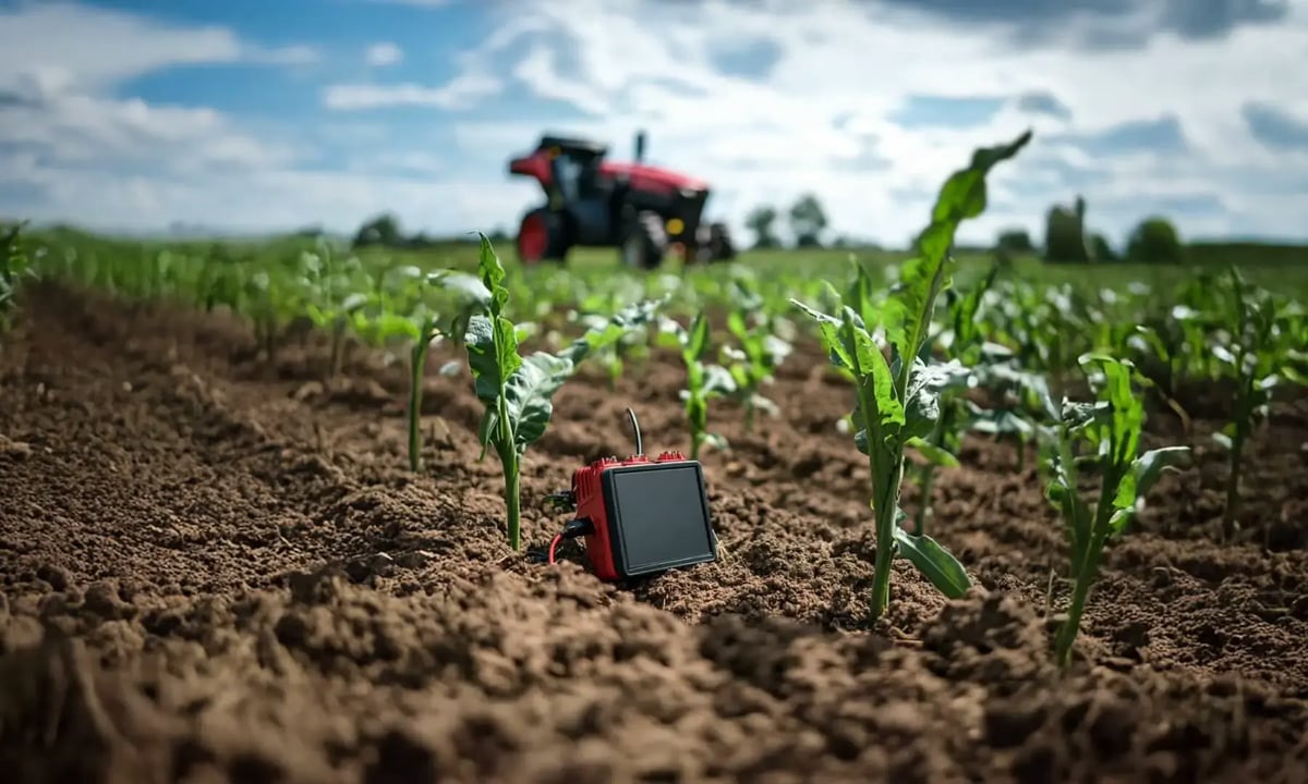 Smart agriculture sensor in a crop field with a tractor in the background