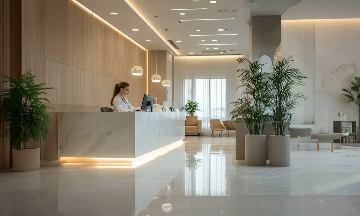 Modern clinic reception area with a doctor standing at the counter