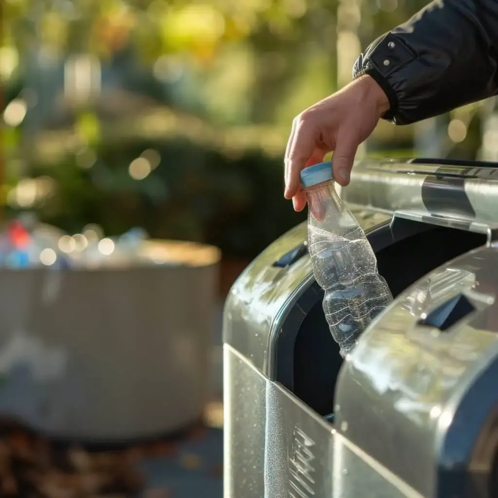 Person disposing of a plastic bottle into a recycling bin outdoors