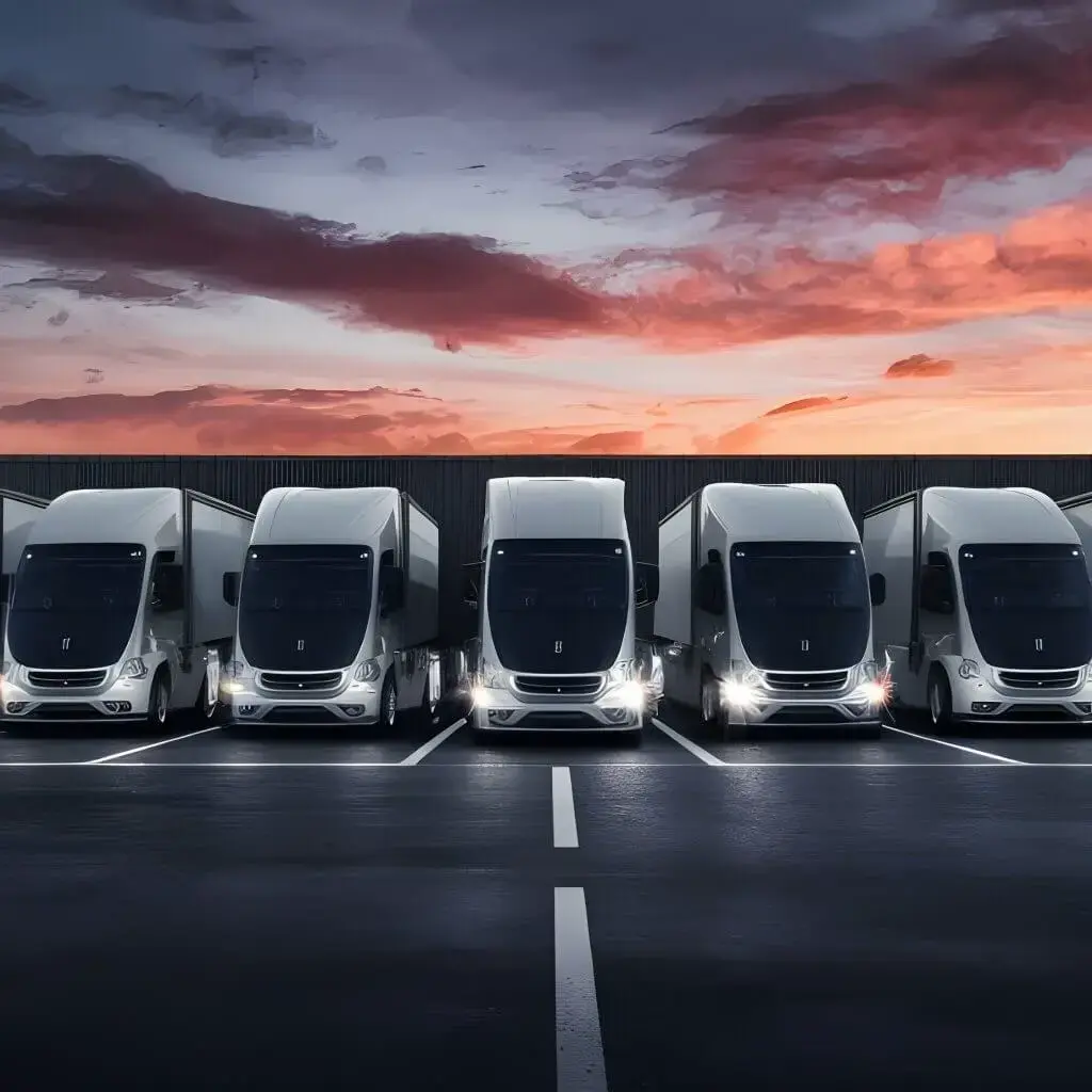 Fleet of trucks parked at sunset