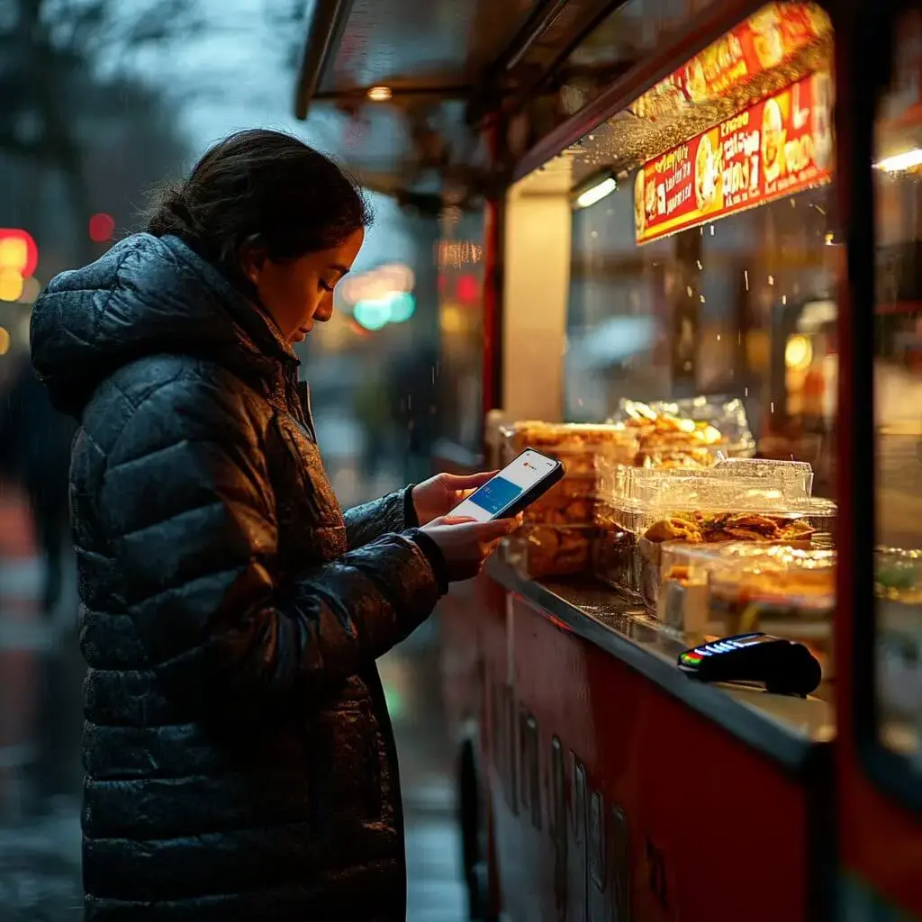 A girl pays with her smart phone in a food truck